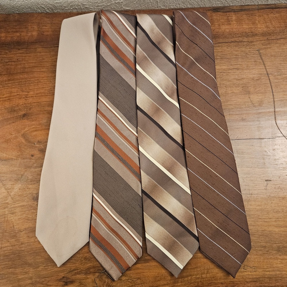 Vintage Men's Ties Lot Of 4 Brown Striped Solid Wembley Polyester Silk
